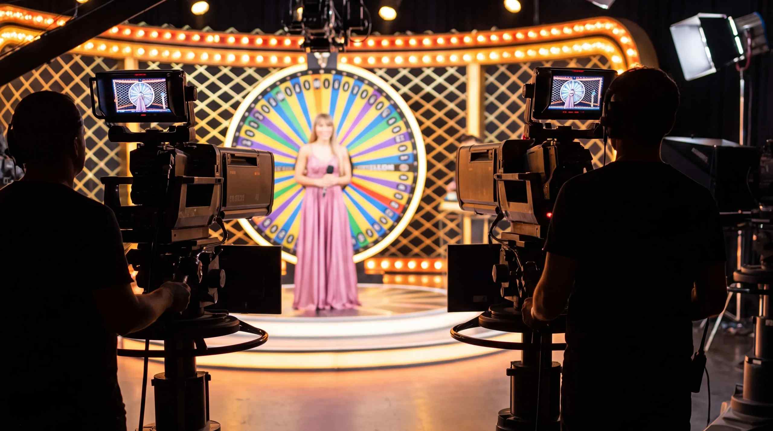 A production of a live casino game show. Several cameras film the action while a presenter prepares to spin a wheel.
